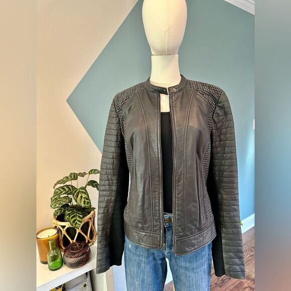 Trouve Jackets & Blazers - Trouvé Leather Moto Jacket with Wool Houndstooth Detail– Size S/M